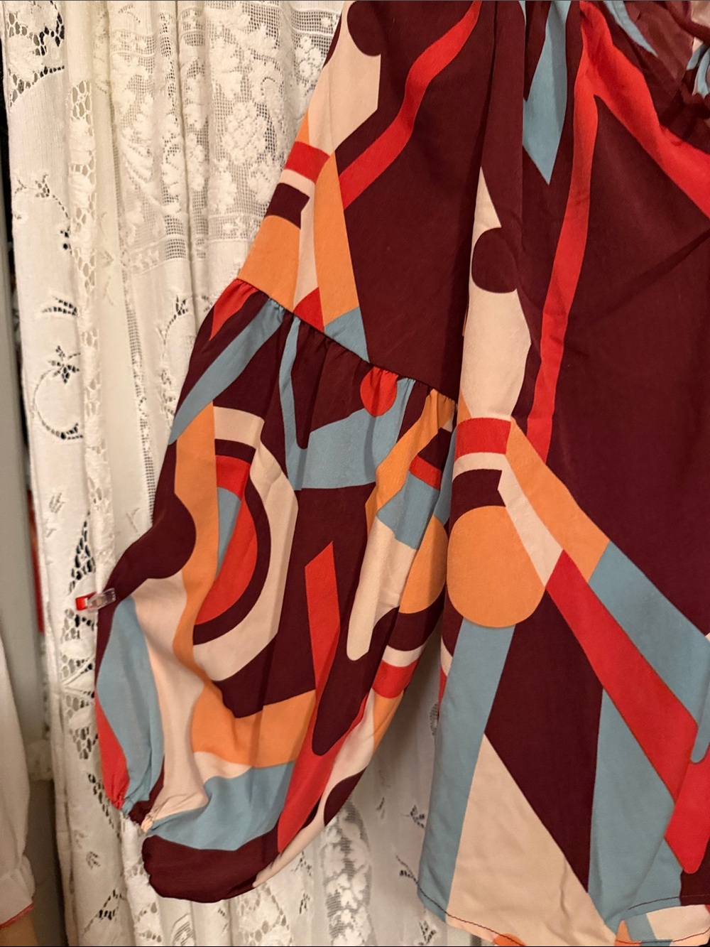 Boho Geometric Balloon-Sleeve Blouse in Burgundy - Picture 2 of 7
